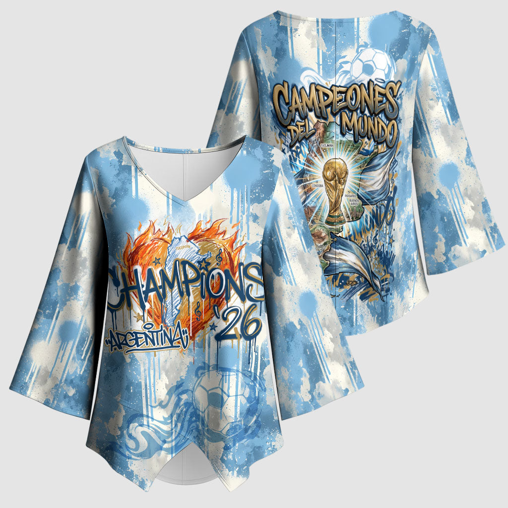 Argentina Football Campeones Del Mundo 2026 Kimono Sleeve Blouse Champions Soccer Flag Watercolor Paint Drips Trophy