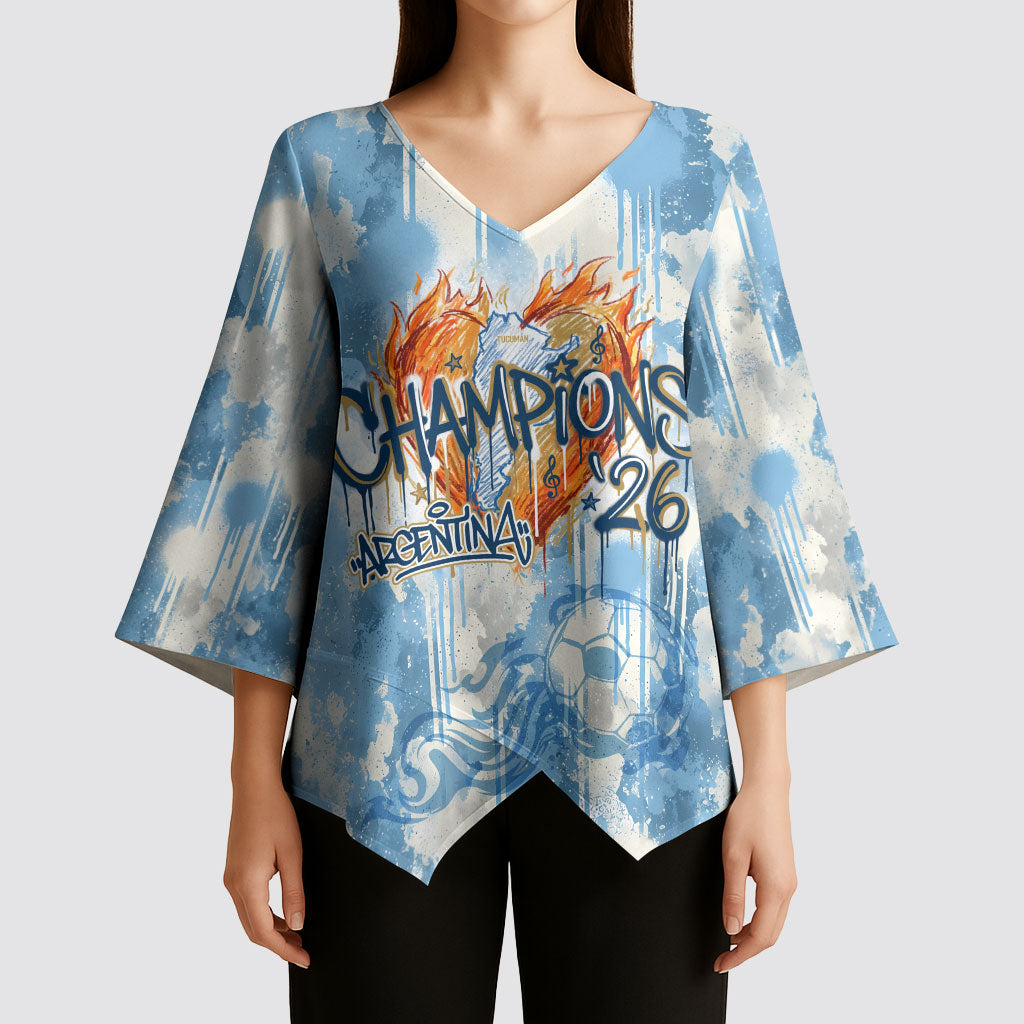 Argentina Football Campeones Del Mundo 2026 Kimono Sleeve Blouse Champions Soccer Flag Watercolor Paint Drips Trophy