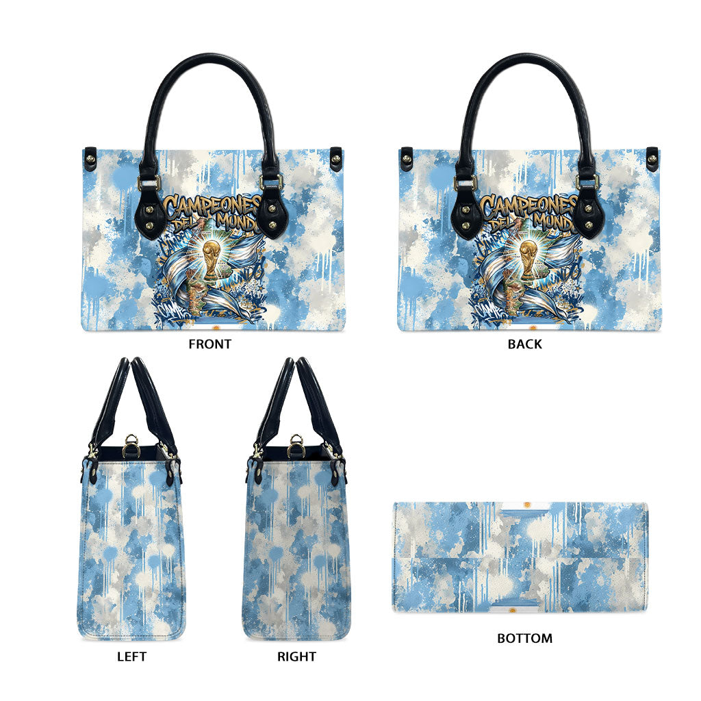 Argentina Football Campeones Del Mundo 2026 Leather Bag Champions Soccer Flag Watercolor Paint Drips Trophy