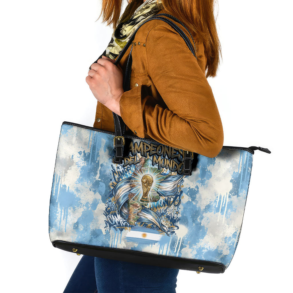 Argentina Football Campeones Del Mundo 2026 Leather Tote Bag Champions Soccer Flag Watercolor Paint Drips Trophy