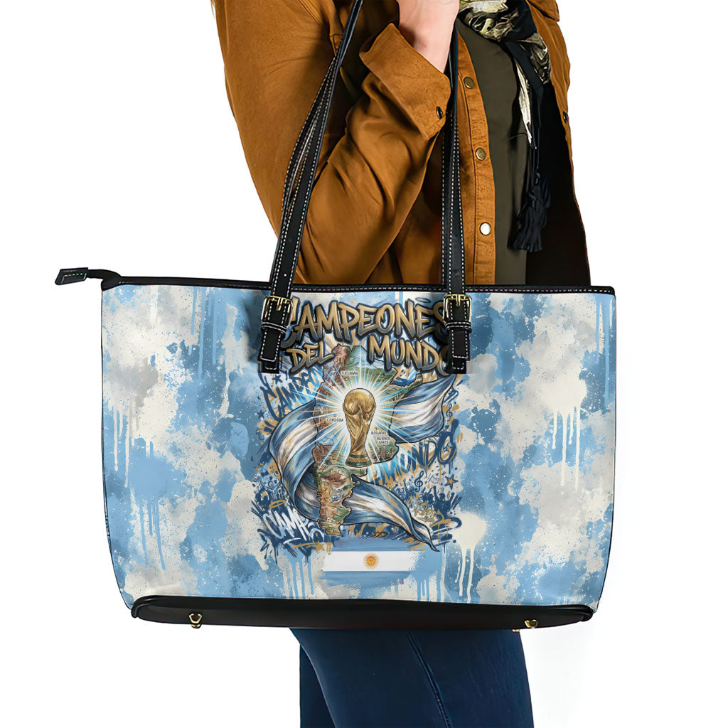 Argentina Football Campeones Del Mundo 2026 Leather Tote Bag Champions Soccer Flag Watercolor Paint Drips Trophy
