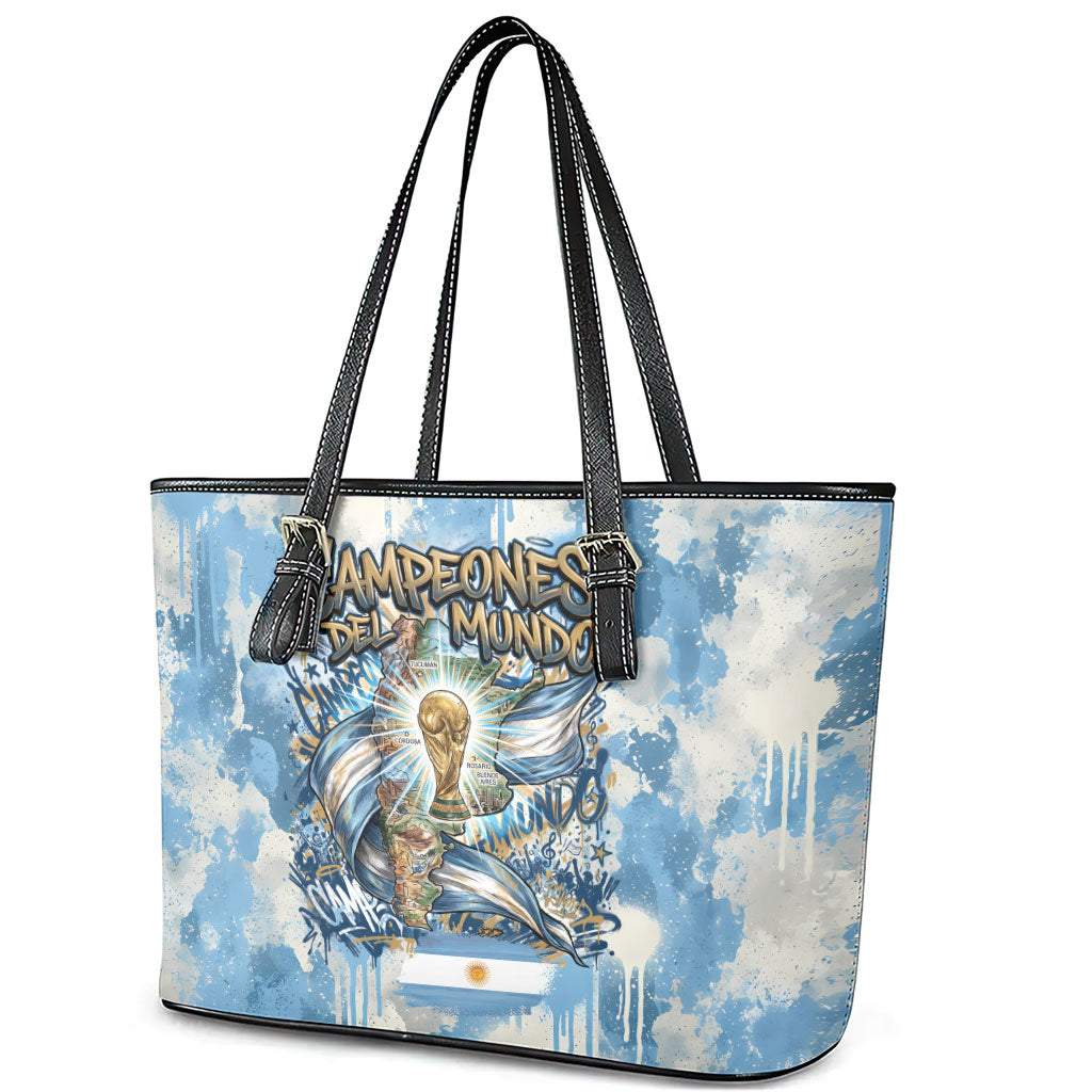 Argentina Football Campeones Del Mundo 2026 Leather Tote Bag Champions Soccer Flag Watercolor Paint Drips Trophy