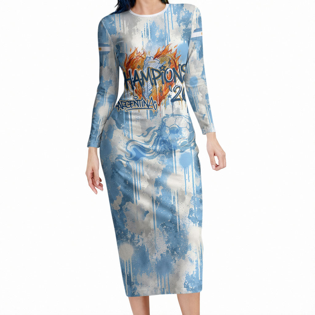 Argentina Football Campeones Del Mundo 2026 Long Sleeve Bodycon Dress Champions Soccer Flag Watercolor Paint Drips Trophy