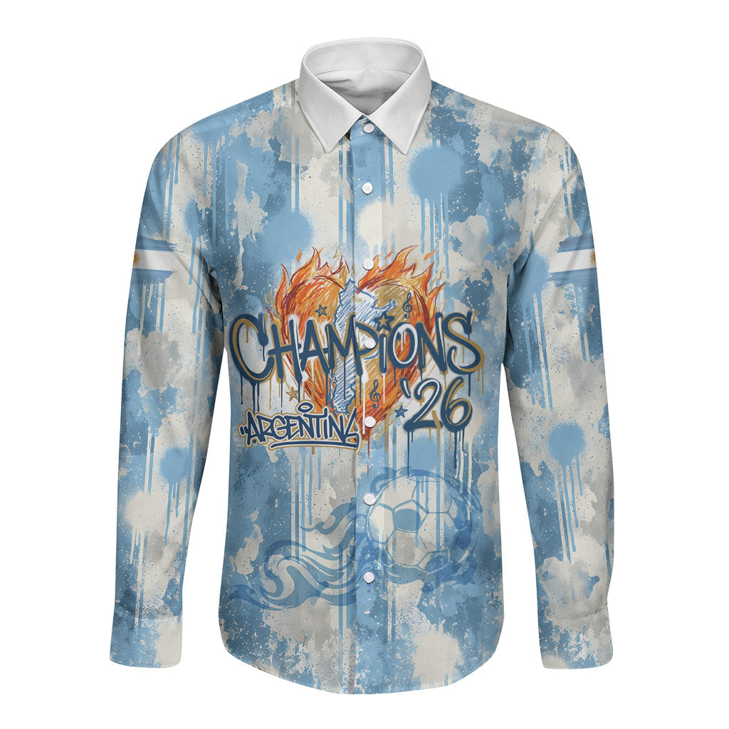 Argentina Football Campeones Del Mundo 2026 Long Sleeve Button Shirt Champions Soccer Flag Watercolor Paint Drips Trophy