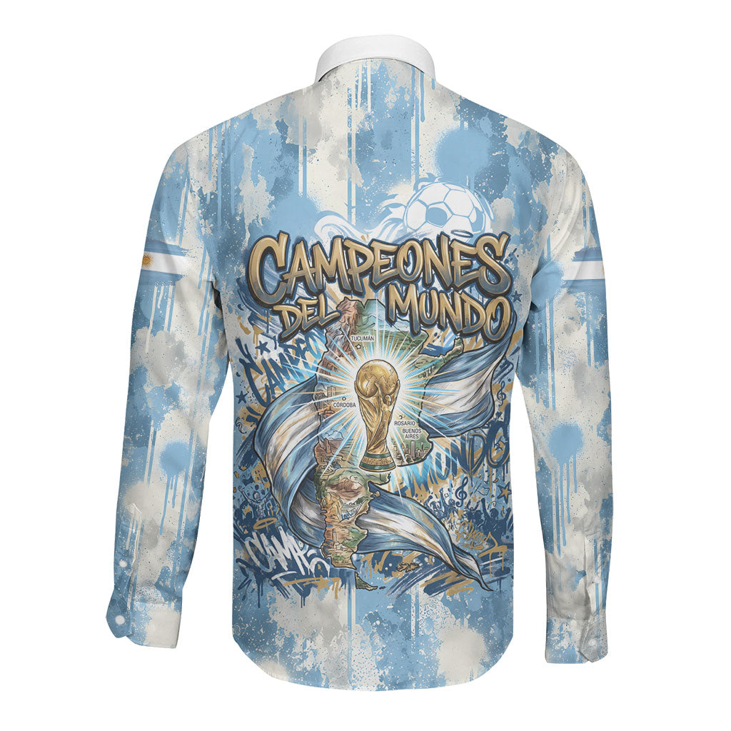 Argentina Football Campeones Del Mundo 2026 Long Sleeve Button Shirt Champions Soccer Flag Watercolor Paint Drips Trophy