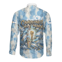 Argentina Football Campeones Del Mundo 2026 Long Sleeve Button Shirt Champions Soccer Flag Watercolor Paint Drips Trophy