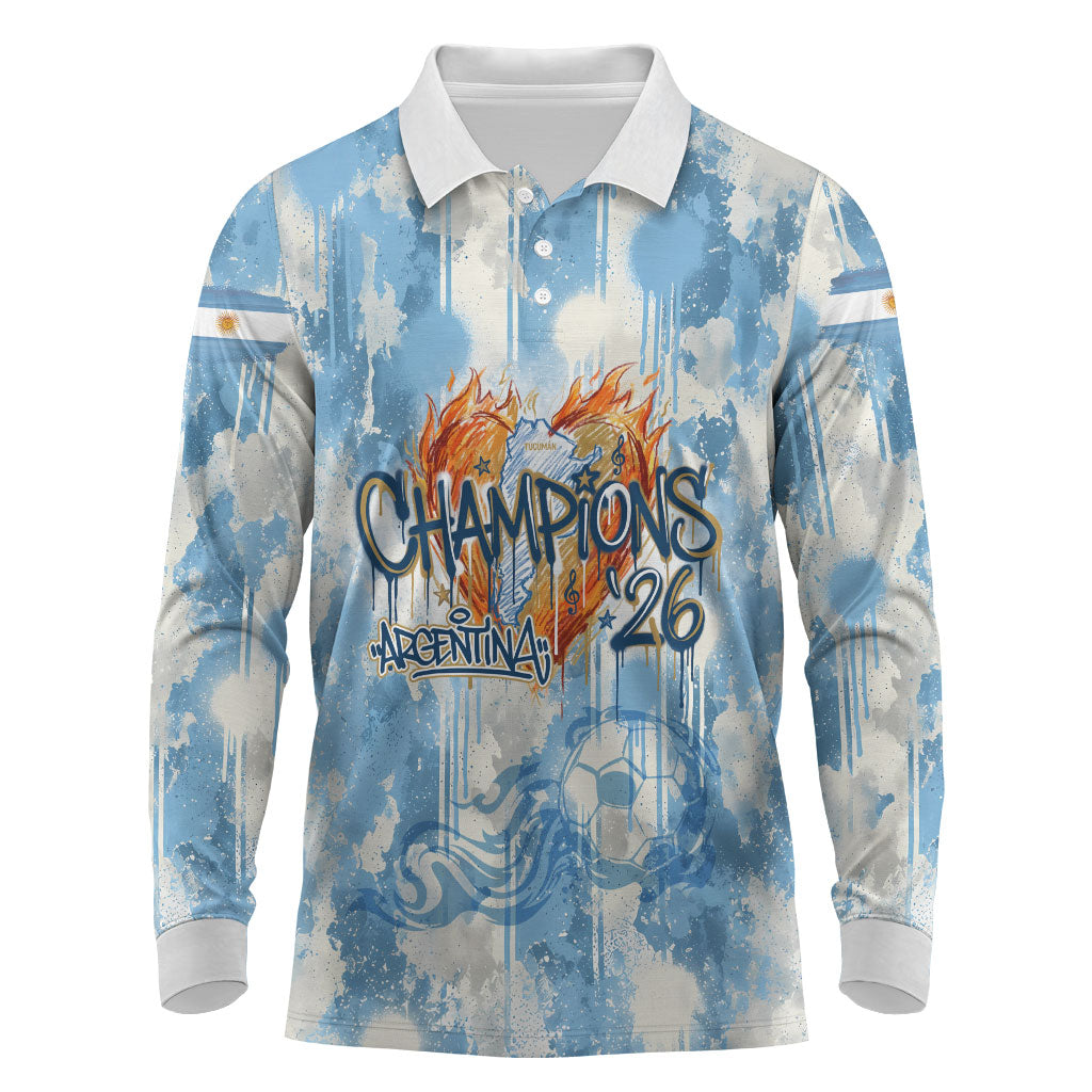 Argentina Football Campeones Del Mundo 2026 Long Sleeve Polo Shirt Champions Soccer Flag Watercolor Paint Drips Trophy