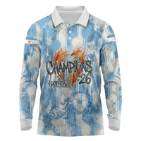 Argentina Football Campeones Del Mundo 2026 Long Sleeve Polo Shirt Champions Soccer Flag Watercolor Paint Drips Trophy