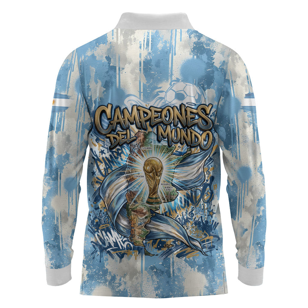 Argentina Football Campeones Del Mundo 2026 Long Sleeve Polo Shirt Champions Soccer Flag Watercolor Paint Drips Trophy