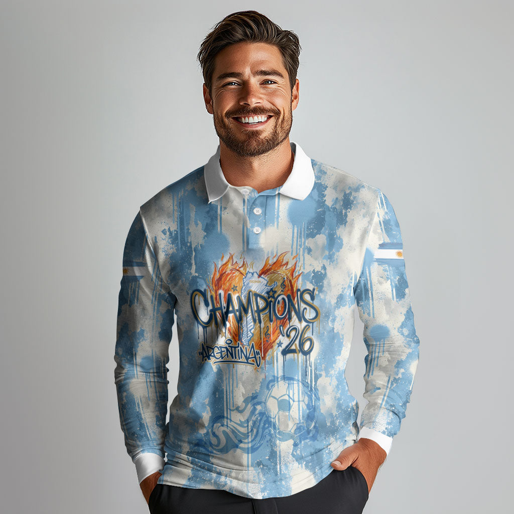 Argentina Football Campeones Del Mundo 2026 Long Sleeve Polo Shirt Champions Soccer Flag Watercolor Paint Drips Trophy