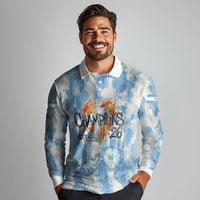 Argentina Football Campeones Del Mundo 2026 Long Sleeve Polo Shirt Champions Soccer Flag Watercolor Paint Drips Trophy