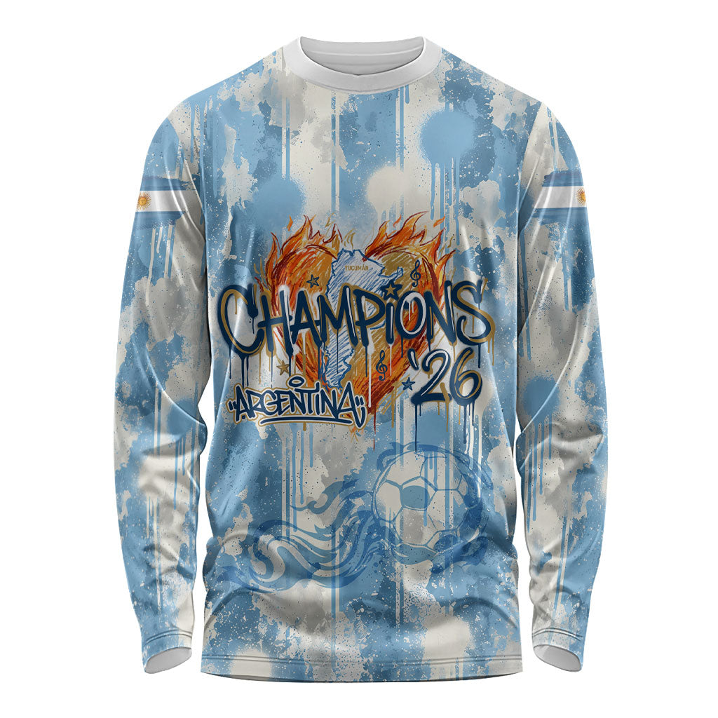 Argentina Football Campeones Del Mundo 2026 Long Sleeve Shirt Champions Soccer Flag Watercolor Paint Drips Trophy