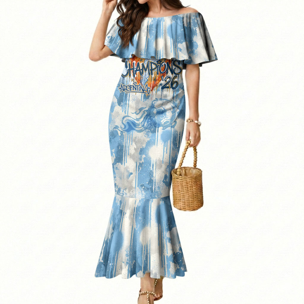 Argentina Football Campeones Del Mundo 2026 Mermaid Dress Champions Soccer Flag Watercolor Paint Drips Trophy