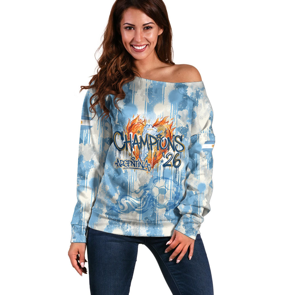 Argentina Football Campeones Del Mundo 2026 Off Shoulder Sweater Champions Soccer Flag Watercolor Paint Drips Trophy