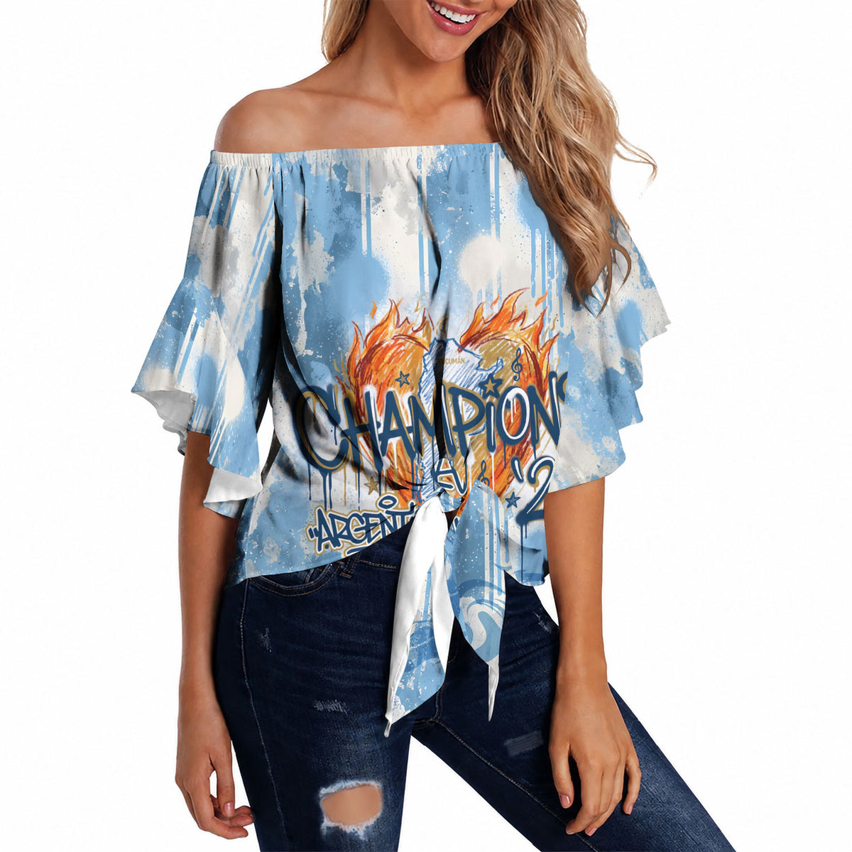 Argentina Football Campeones Del Mundo 2026 Off Shoulder Wrap Waist Top Champions Soccer Flag Watercolor Paint Drips Trophy