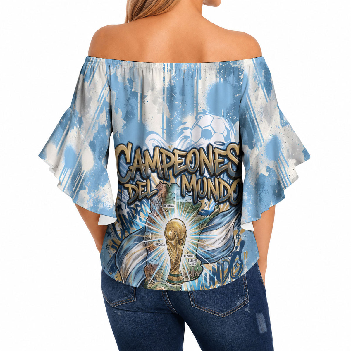 Argentina Football Campeones Del Mundo 2026 Off Shoulder Wrap Waist Top Champions Soccer Flag Watercolor Paint Drips Trophy