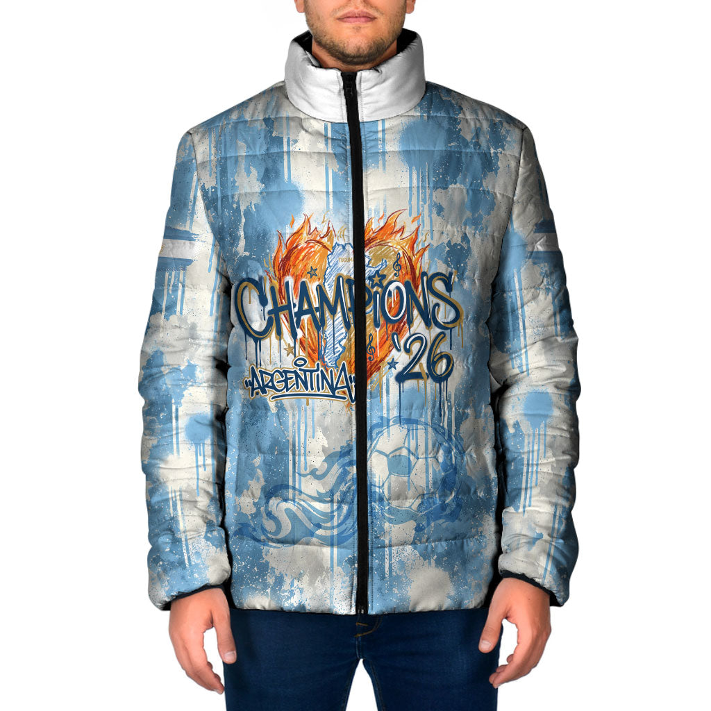 Argentina Football Campeones Del Mundo 2026 Padded Jacket Champions Soccer Flag Watercolor Paint Drips Trophy