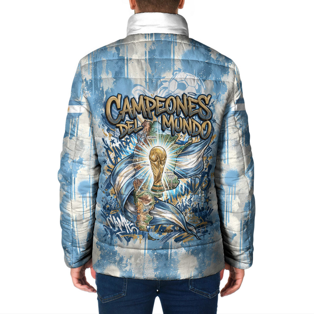 Argentina Football Campeones Del Mundo 2026 Padded Jacket Champions Soccer Flag Watercolor Paint Drips Trophy