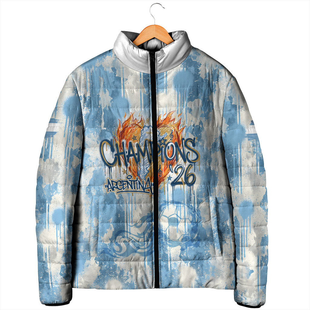 Argentina Football Campeones Del Mundo 2026 Padded Jacket Champions Soccer Flag Watercolor Paint Drips Trophy