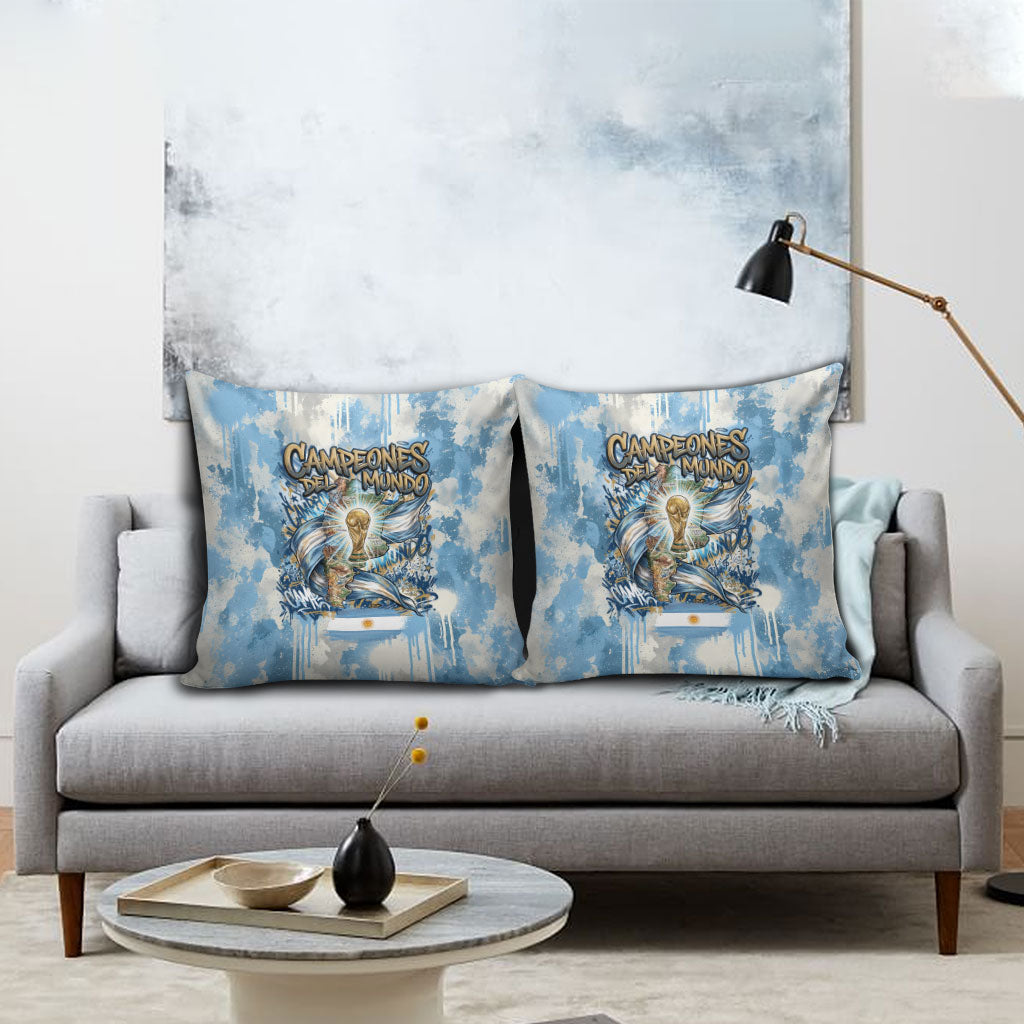 Argentina Football Campeones Del Mundo 2026 Pillow Cover Champions Soccer Flag Watercolor Paint Drips Trophy