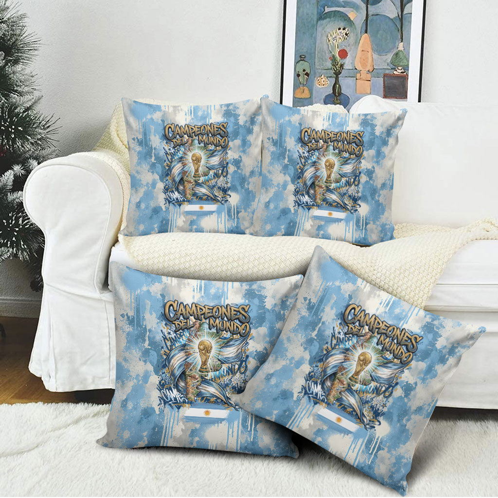 Argentina Football Campeones Del Mundo 2026 Pillow Cover Champions Soccer Flag Watercolor Paint Drips Trophy