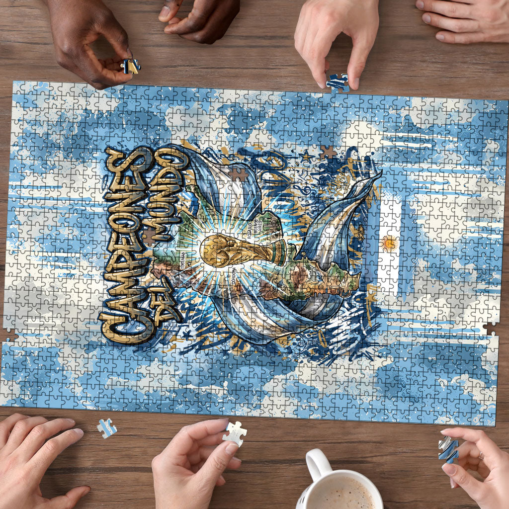 Argentina Football Campeones Del Mundo 2026 Puzzle Champions Soccer Flag Watercolor Paint Drips Trophy
