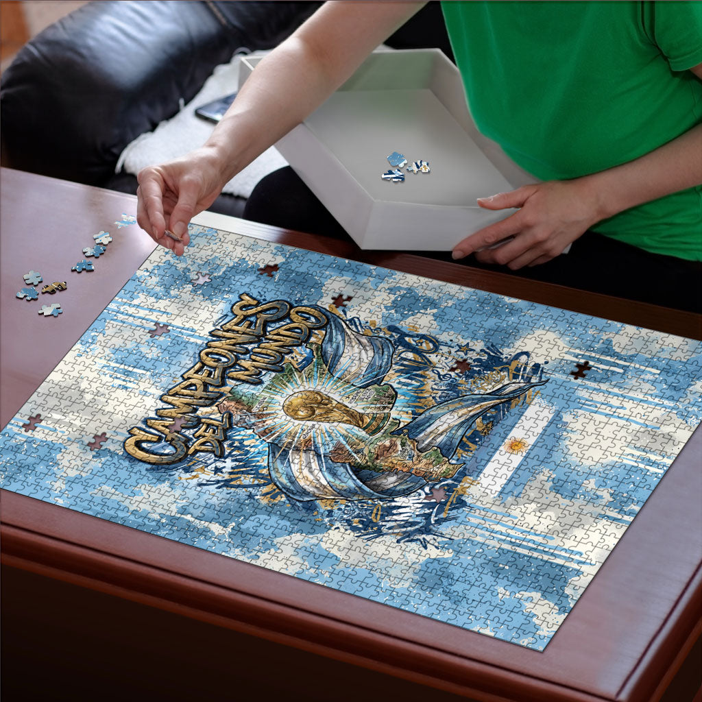 Argentina Football Campeones Del Mundo 2026 Puzzle Champions Soccer Flag Watercolor Paint Drips Trophy