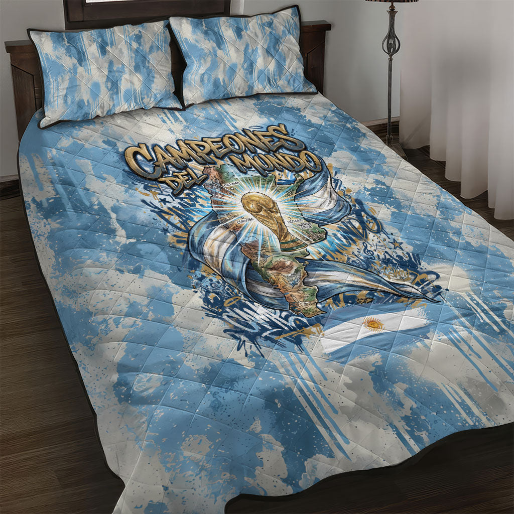Argentina Football Campeones Del Mundo 2026 Quilt Bed Set Champions Soccer Flag Watercolor Paint Drips Trophy