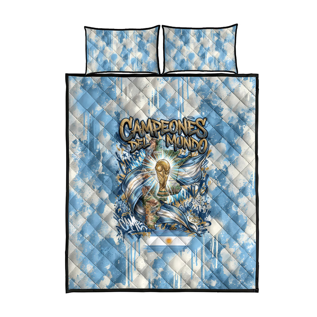 Argentina Football Campeones Del Mundo 2026 Quilt Bed Set Champions Soccer Flag Watercolor Paint Drips Trophy