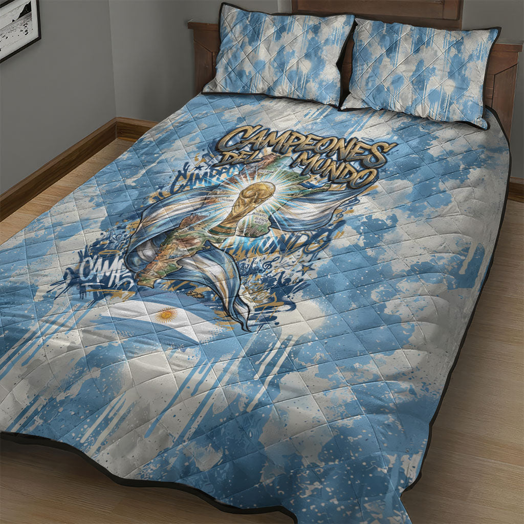 Argentina Football Campeones Del Mundo 2026 Quilt Bed Set Champions Soccer Flag Watercolor Paint Drips Trophy