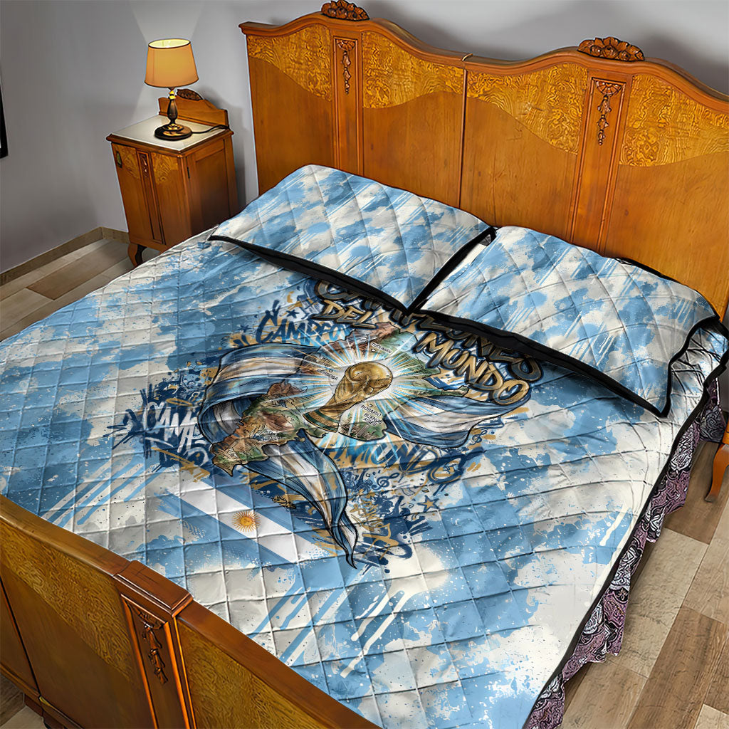 Argentina Football Campeones Del Mundo 2026 Quilt Bed Set Champions Soccer Flag Watercolor Paint Drips Trophy