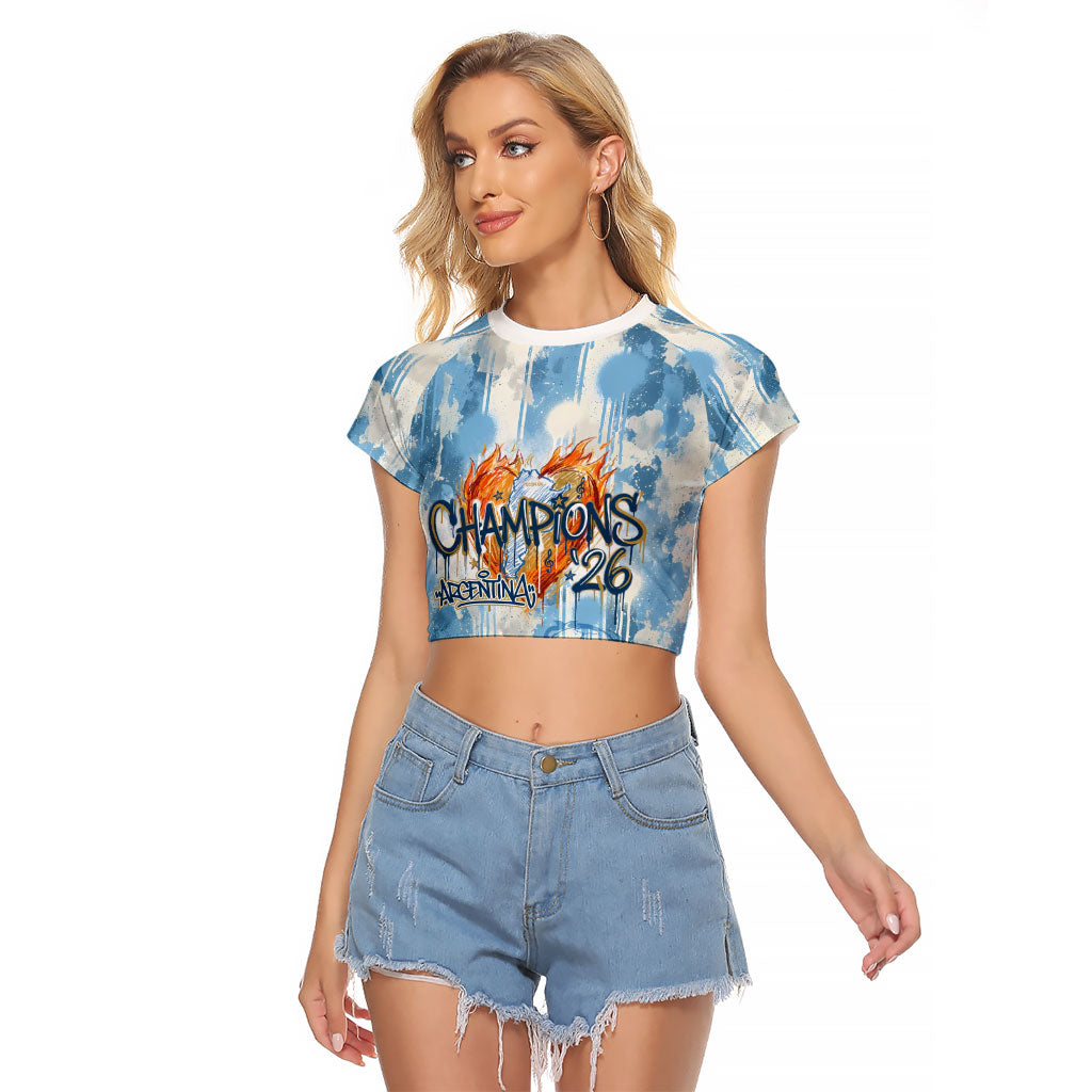 Argentina Football Campeones Del Mundo 2026 Raglan Cropped T Shirt Champions Soccer Flag Watercolor Paint Drips Trophy