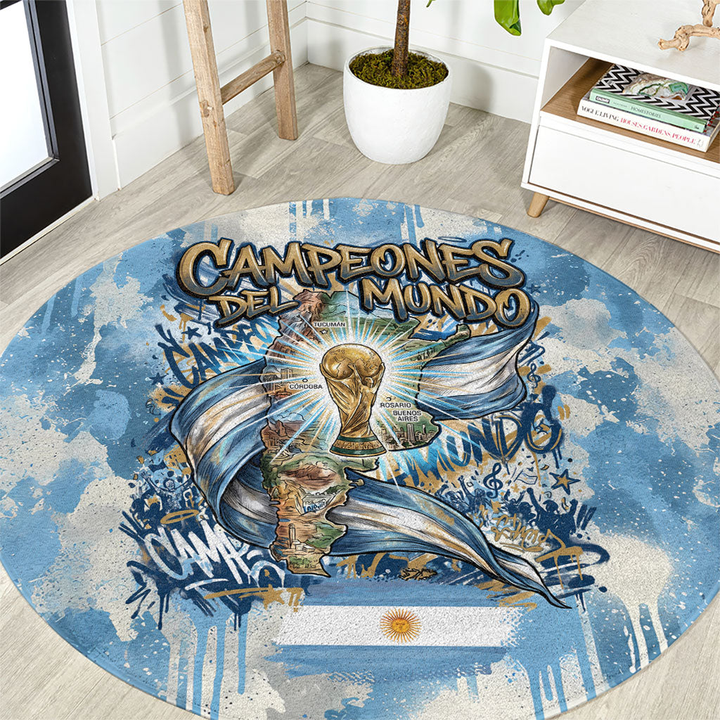 Argentina Football Campeones Del Mundo 2026 Round Carpet Champions Soccer Flag Watercolor Paint Drips Trophy