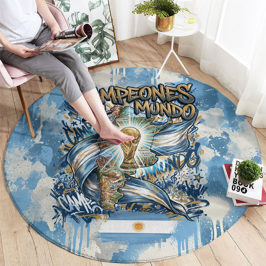 Argentina Football Campeones Del Mundo 2026 Round Carpet Champions Soccer Flag Watercolor Paint Drips Trophy