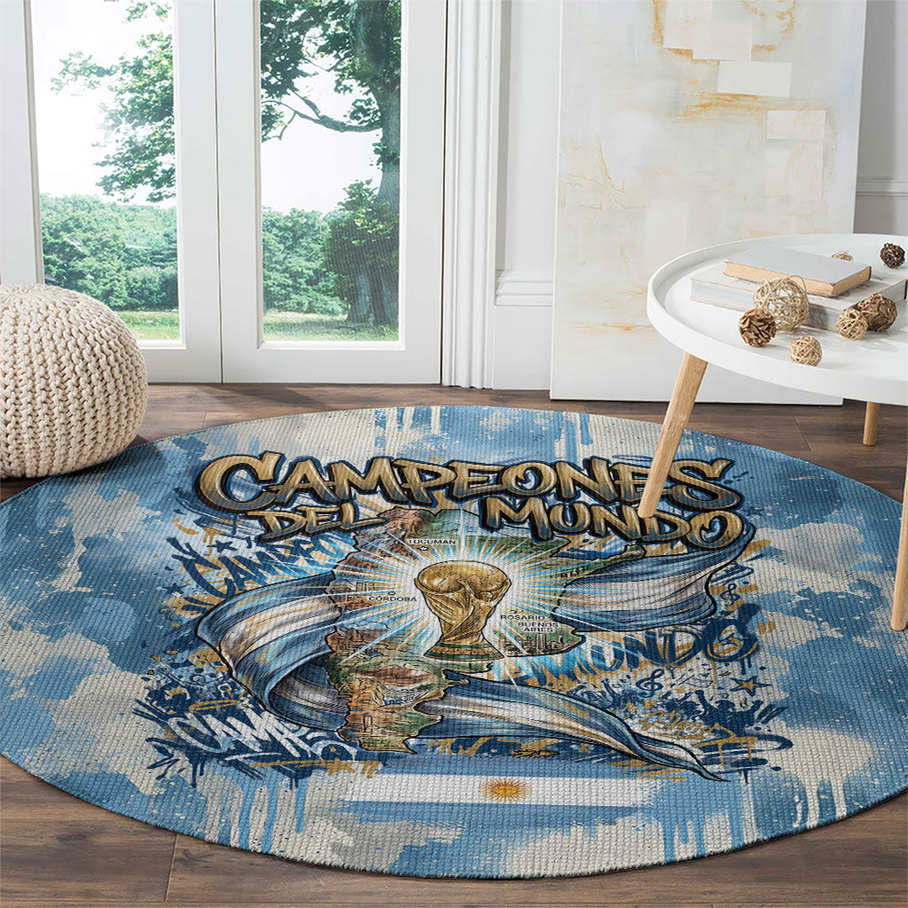 Argentina Football Campeones Del Mundo 2026 Round Carpet Champions Soccer Flag Watercolor Paint Drips Trophy