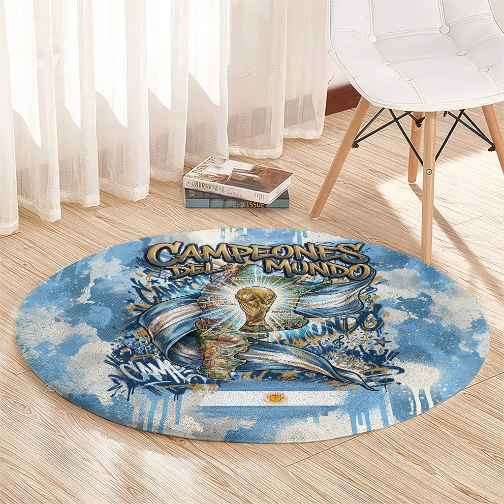 Argentina Football Campeones Del Mundo 2026 Round Carpet Champions Soccer Flag Watercolor Paint Drips Trophy