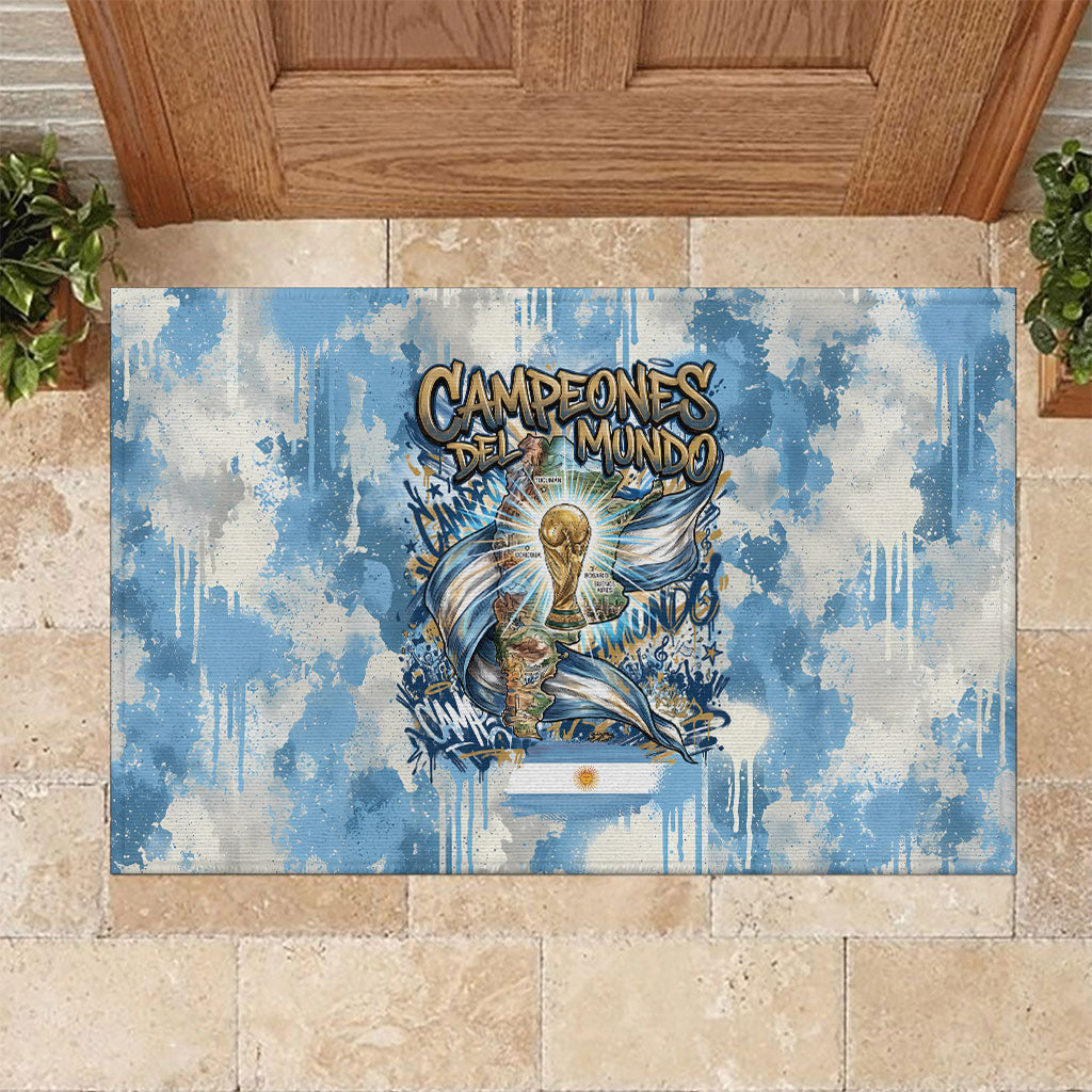 Argentina Football Campeones Del Mundo 2026 Rubber Doormat Champions Soccer Flag Watercolor Paint Drips Trophy