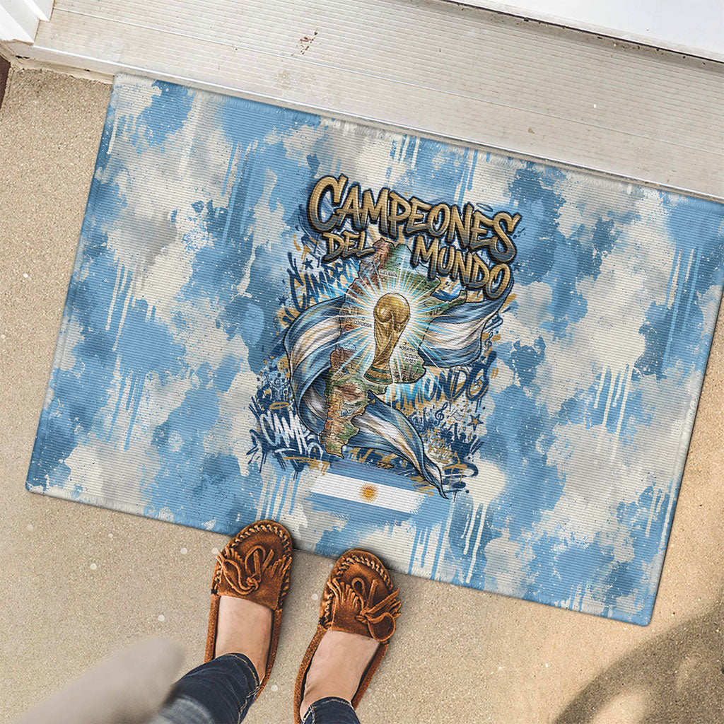 Argentina Football Campeones Del Mundo 2026 Rubber Doormat Champions Soccer Flag Watercolor Paint Drips Trophy