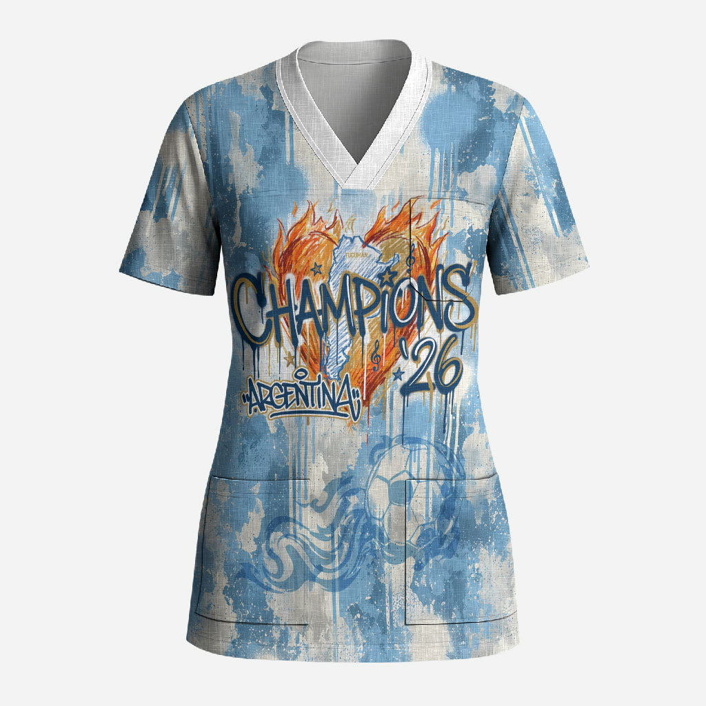 Argentina Football Campeones Del Mundo 2026 Scrub Top Champions Soccer Flag Watercolor Paint Drips Trophy