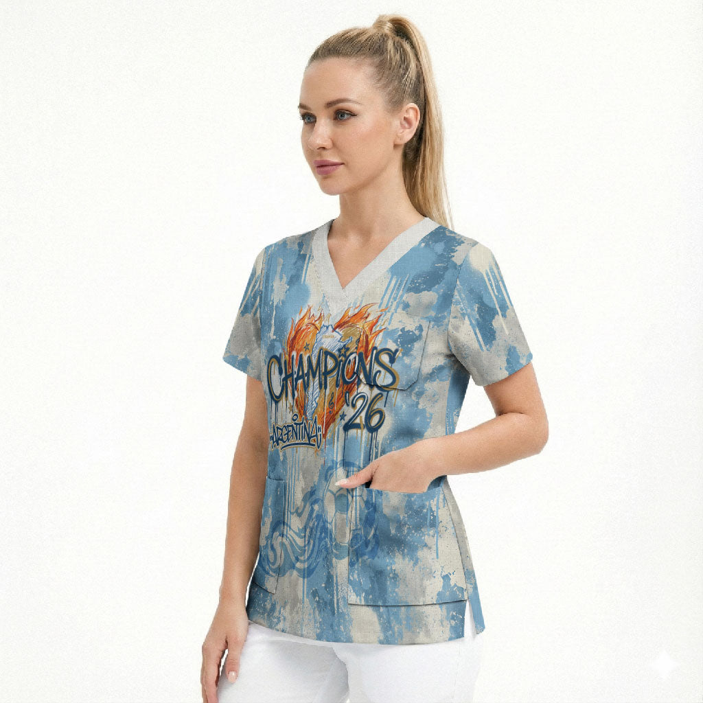 Argentina Football Campeones Del Mundo 2026 Scrub Top Champions Soccer Flag Watercolor Paint Drips Trophy