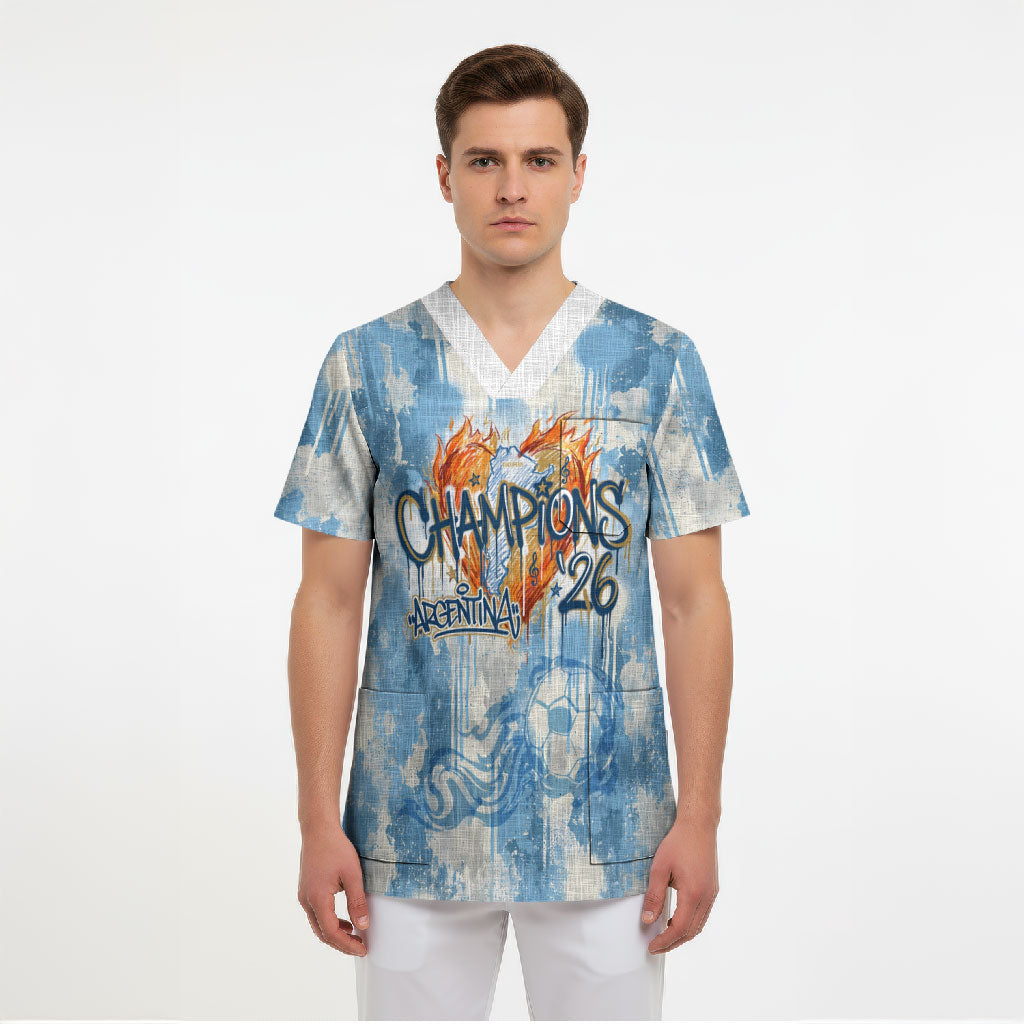 Argentina Football Campeones Del Mundo 2026 Scrub Top Champions Soccer Flag Watercolor Paint Drips Trophy