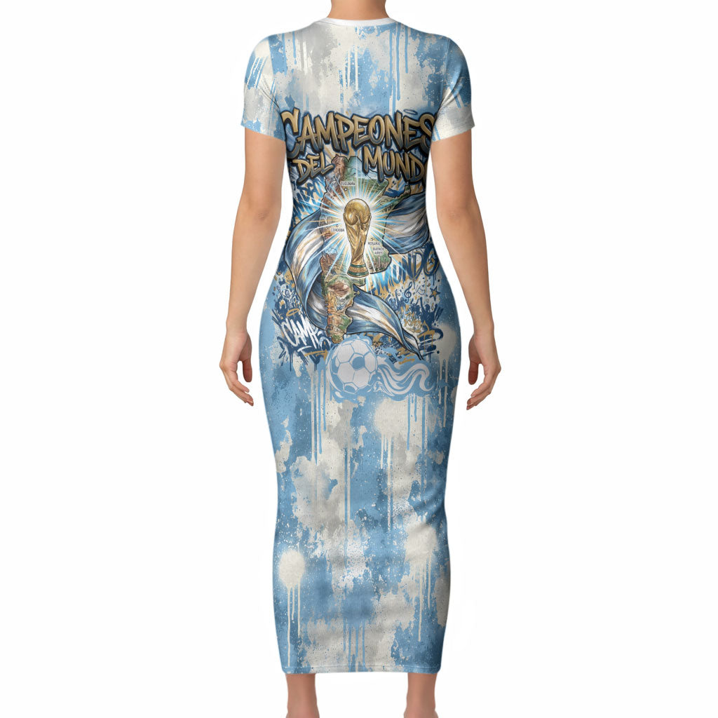 Argentina Football Campeones Del Mundo 2026 Short Sleeve Bodycon Dress Champions Soccer Flag Watercolor Paint Drips Trophy