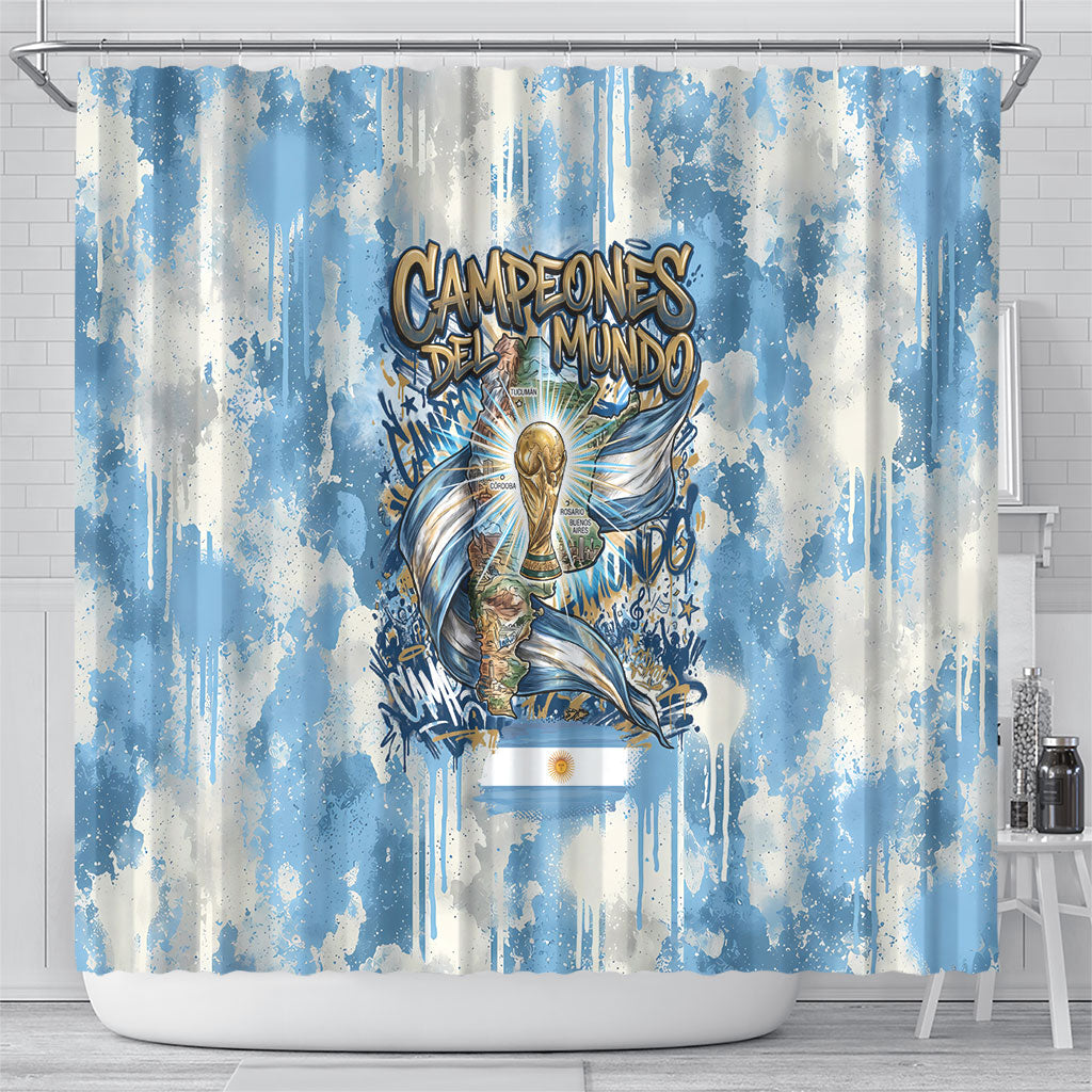 Argentina Football Campeones Del Mundo 2026 Shower Curtain Champions Soccer Flag Watercolor Paint Drips Trophy