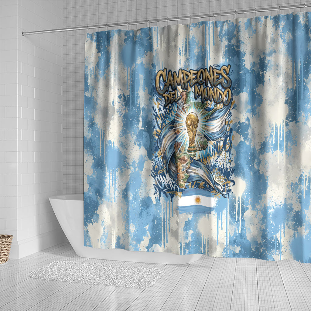 Argentina Football Campeones Del Mundo 2026 Shower Curtain Champions Soccer Flag Watercolor Paint Drips Trophy