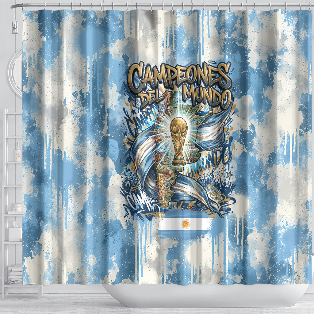 Argentina Football Campeones Del Mundo 2026 Shower Curtain Champions Soccer Flag Watercolor Paint Drips Trophy