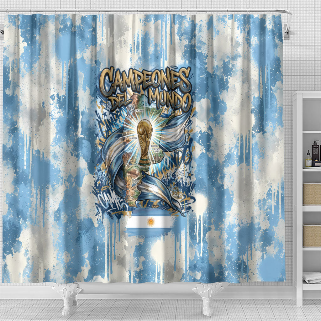 Argentina Football Campeones Del Mundo 2026 Shower Curtain Champions Soccer Flag Watercolor Paint Drips Trophy