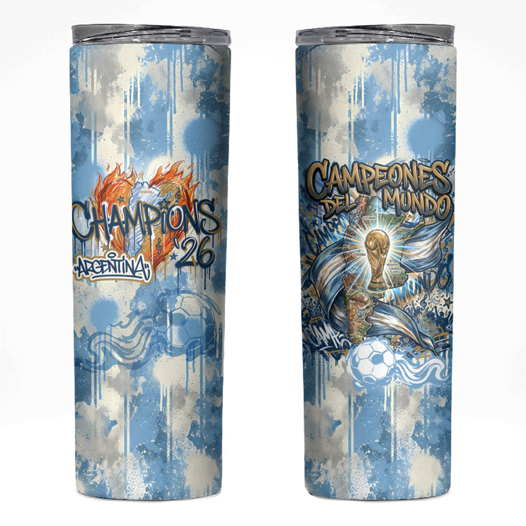 Argentina Football Campeones Del Mundo 2026 Skinny Tumbler Champions Soccer Flag Watercolor Paint Drips Trophy