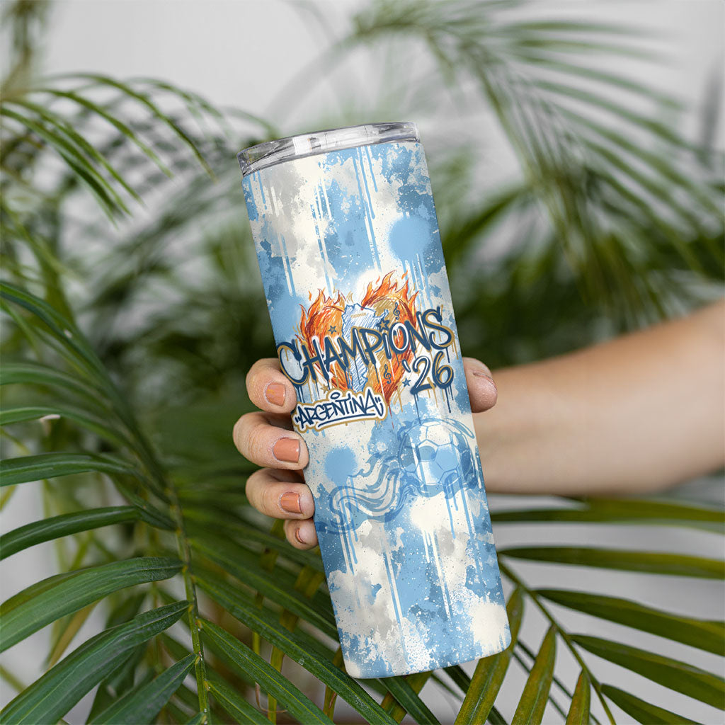 Argentina Football Campeones Del Mundo 2026 Skinny Tumbler Champions Soccer Flag Watercolor Paint Drips Trophy