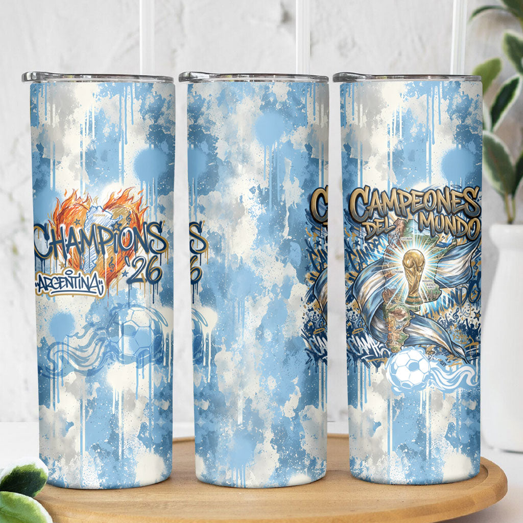Argentina Football Campeones Del Mundo 2026 Skinny Tumbler Champions Soccer Flag Watercolor Paint Drips Trophy