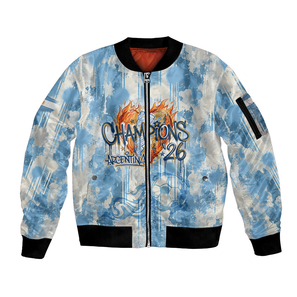Argentina Football Campeones Del Mundo 2026 Sleeve Zip Bomber Jacket Champions Soccer Flag Watercolor Paint Drips Trophy